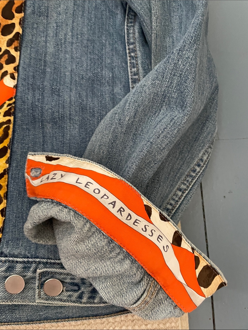 Hermes Blue Denim Jacket with Orange and Leopard Print Panel - Picture 4 of 6